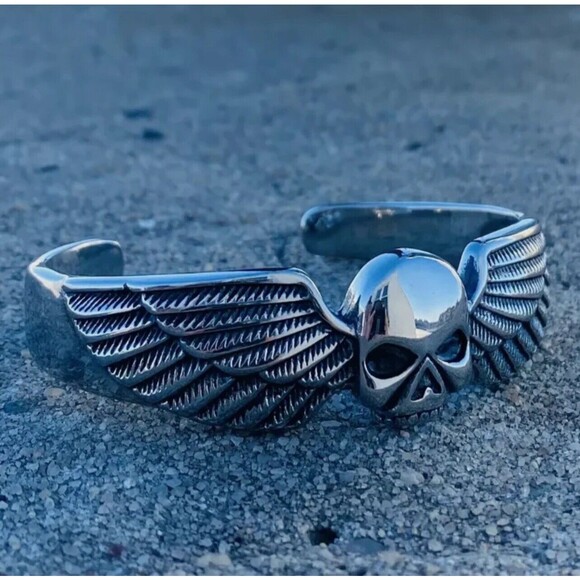 8 Inch Mens Stainless Steel Motorcycle Biker Skull Cuff Bangle Bracelet - Picture 4 of 5